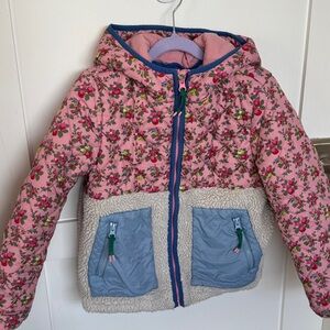 Mini Boden 8-9 Girls' Pink Floral Hooded Jacket with Blue Pockets